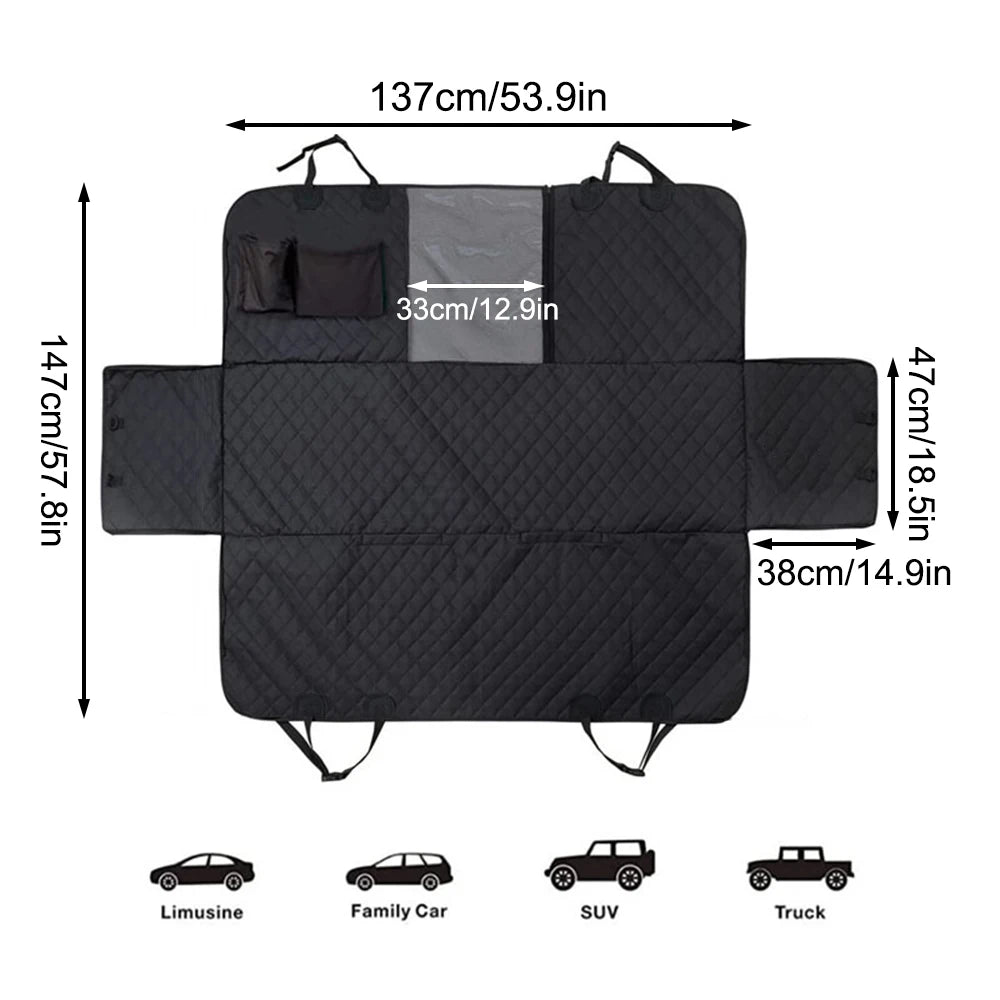 Diagrama de medidas de la funda para perros: 137×147 cm, compatible con sedán, SUV, camioneta y truck
