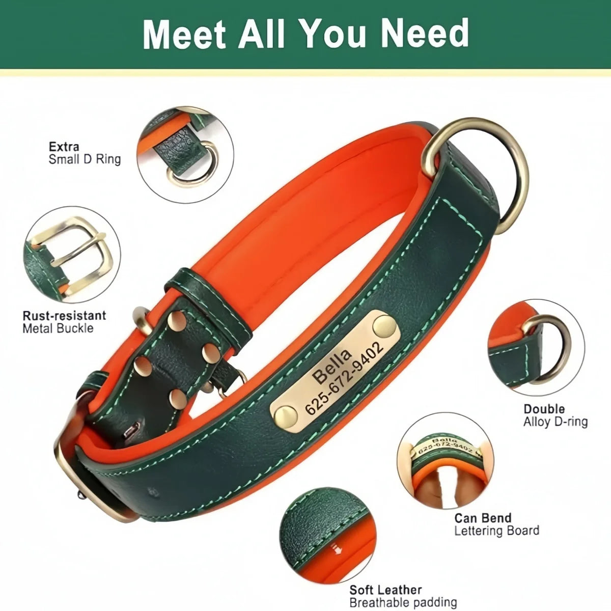 Collar de Cuero Personalizado para Perro | Placa Grabada Gratis | AmaDog