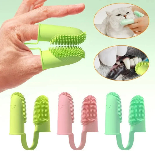 Cepillo de dedo dental de silicona para perros y gatos en colores verde, rosado y azul