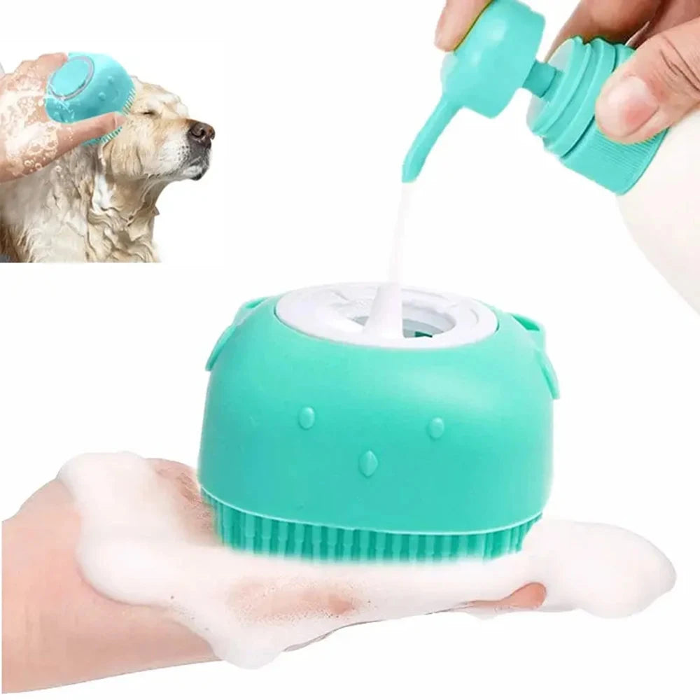 Cepillo masajeador de silicona con dispensador de shampoo para baño de perros