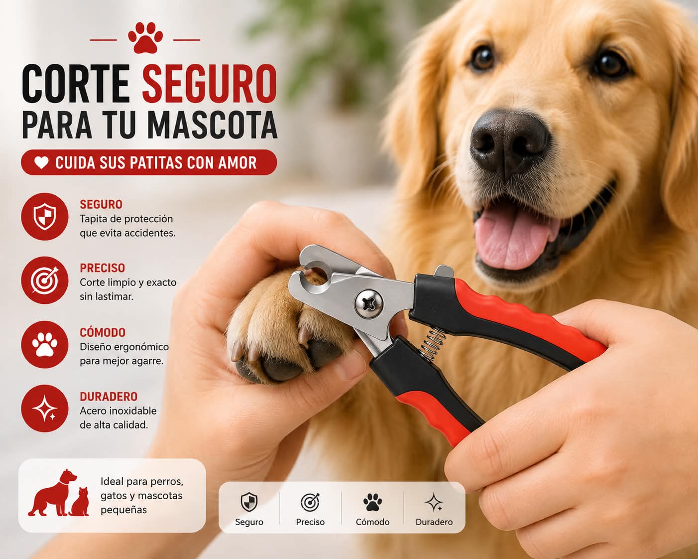 Demostración del uso del cortaúñas profesional para mascotas con diseño de seguridad para perros y gatos.
