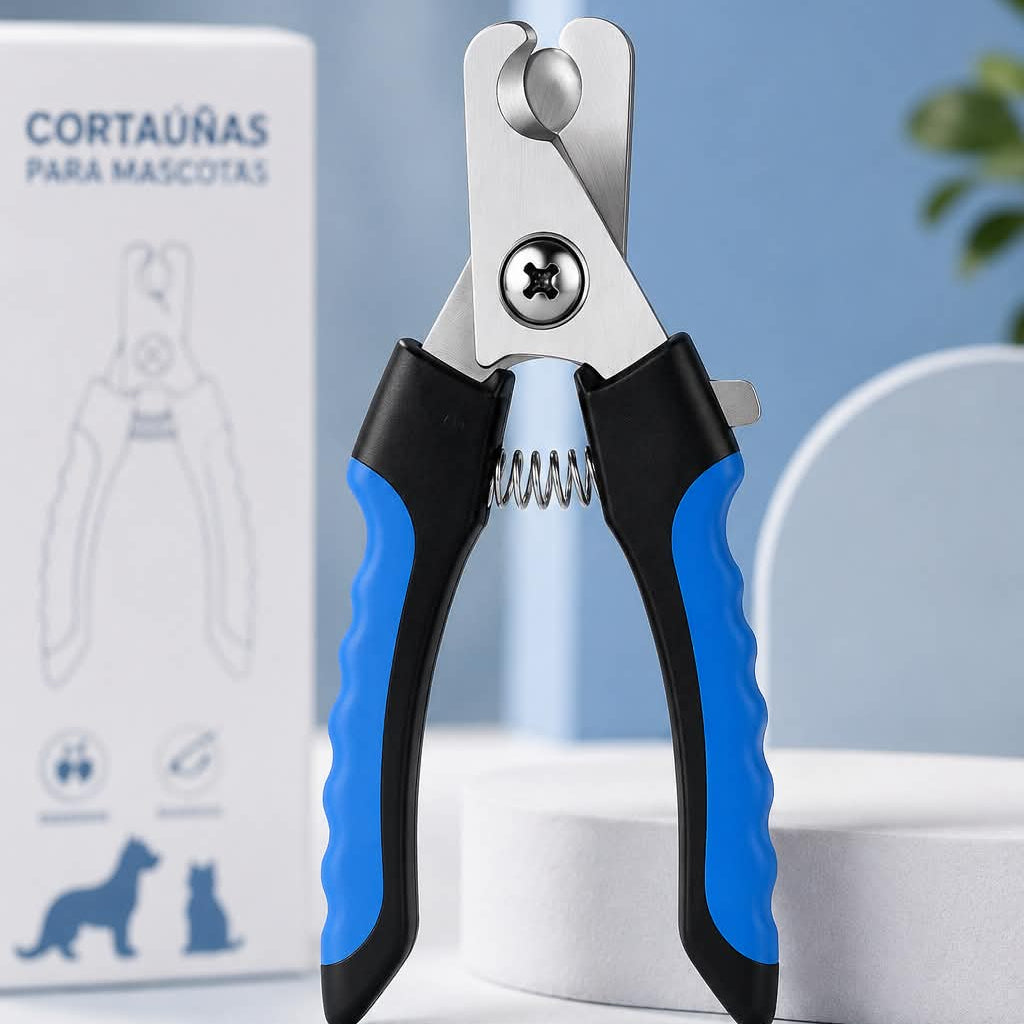 Cortaúñas profesional azul para perros y gatos con mango antideslizante y cuchillas de acero inoxidable.
