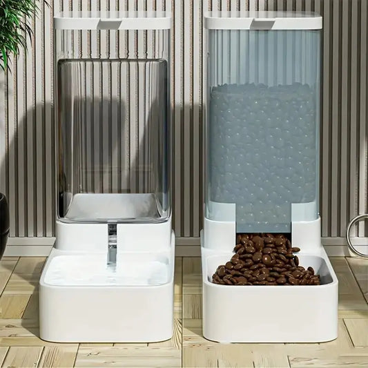 Dispensador automático de comida y agua para perros y gatos – set 2 piezas plástico blanco.
