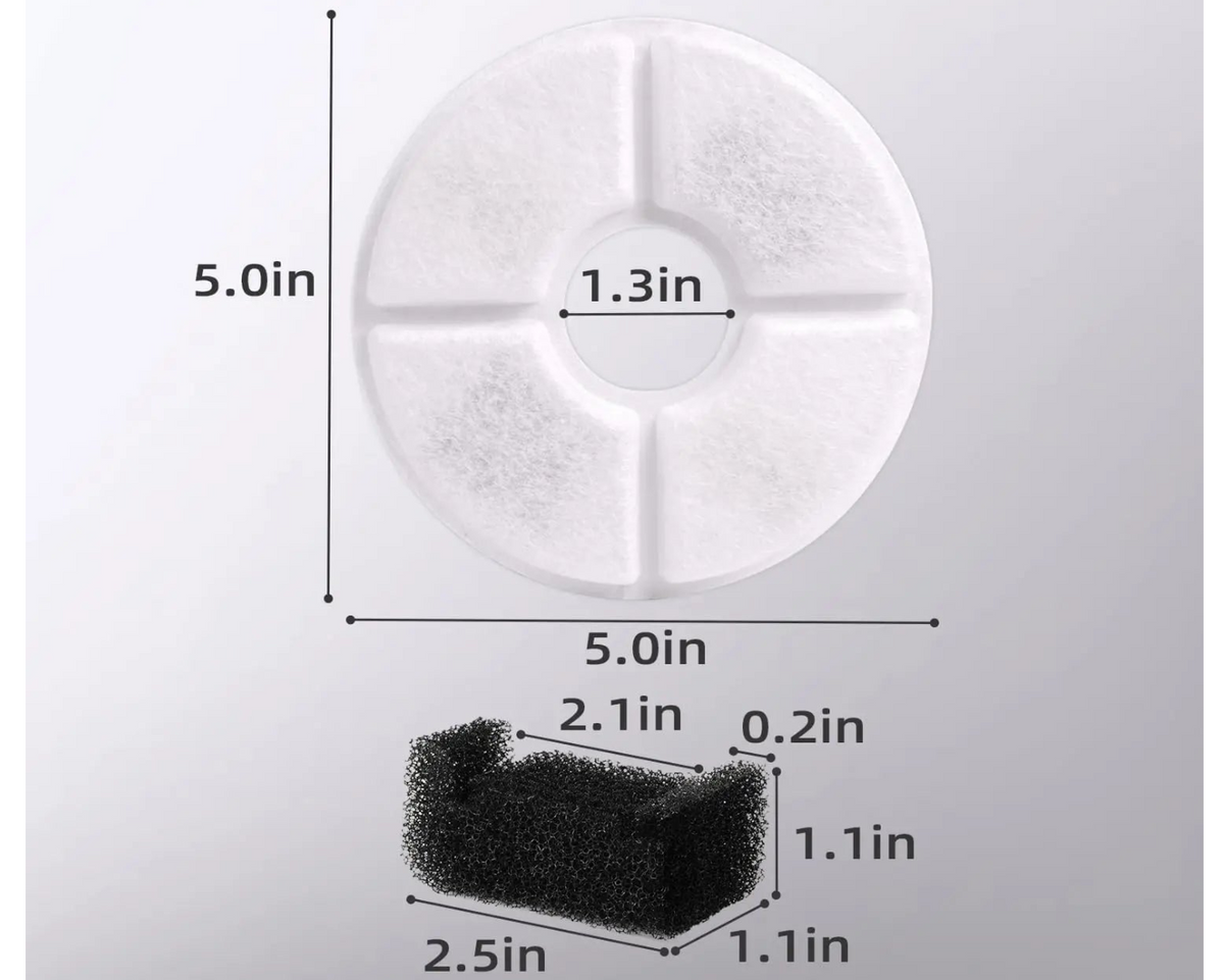 Dimensiones del filtro de carbón activado para fuente de agua para mascotas: diámetro 5.0in, interior 1.3in, esponja 2.5x2.1x1.1in – AmaDog
