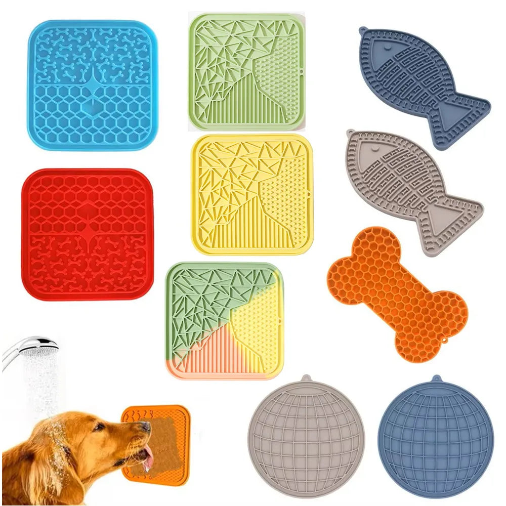 Tapete de lamer lento de silicona para perros y gatos en múltiples colores y formas: cuadrado, hueso, pez y redondo
