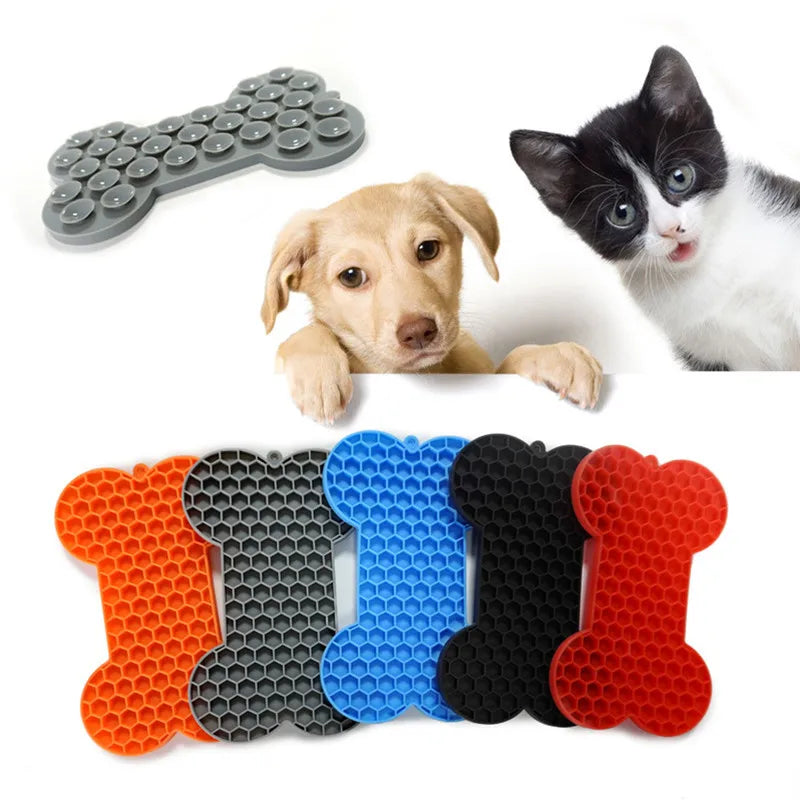 Tapete de lamer lento forma hueso en colores naranja, gris, azul, negro y rojo, para perros y gatos
