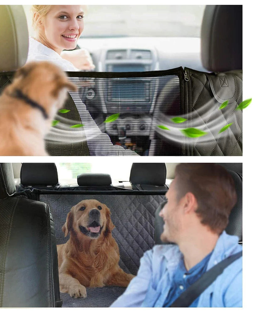 Ventana de malla de la cubierta para perros que permite ventilación y contacto visual con el conductor
